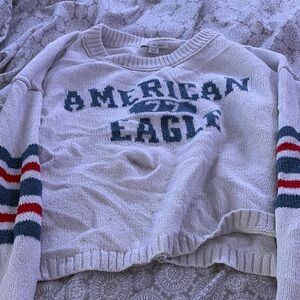 American Eagle Outfitters White and Blue Crew Neck Sweater
